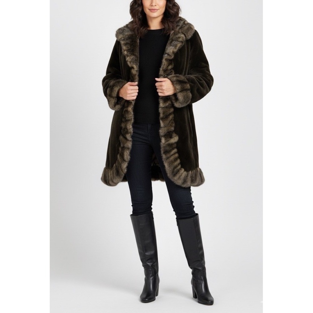 Jones New York Women's Small Brown Sheared Mink Faux Fur Coat Long Winter Jacket